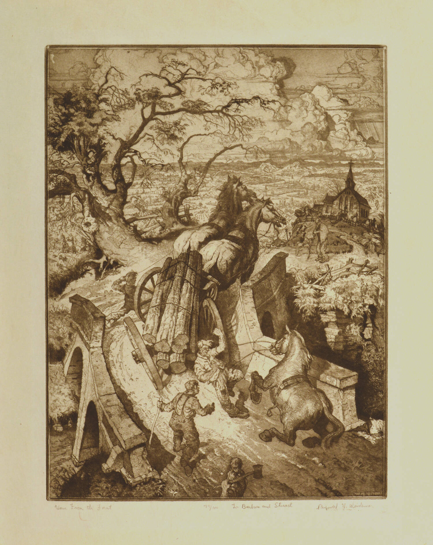 Print of a scene with horses carrying a load of logs on a bridge as the cart breaks and men are trying to stop the disaster in front of them.